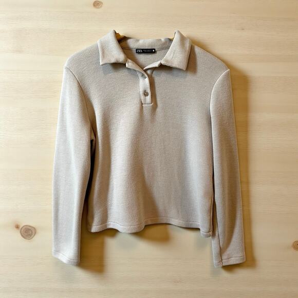 ZARA Long Sleeve Collared Pullover Polo Sweater Beige Womens Size Medium Classic - Picture 9 of 9